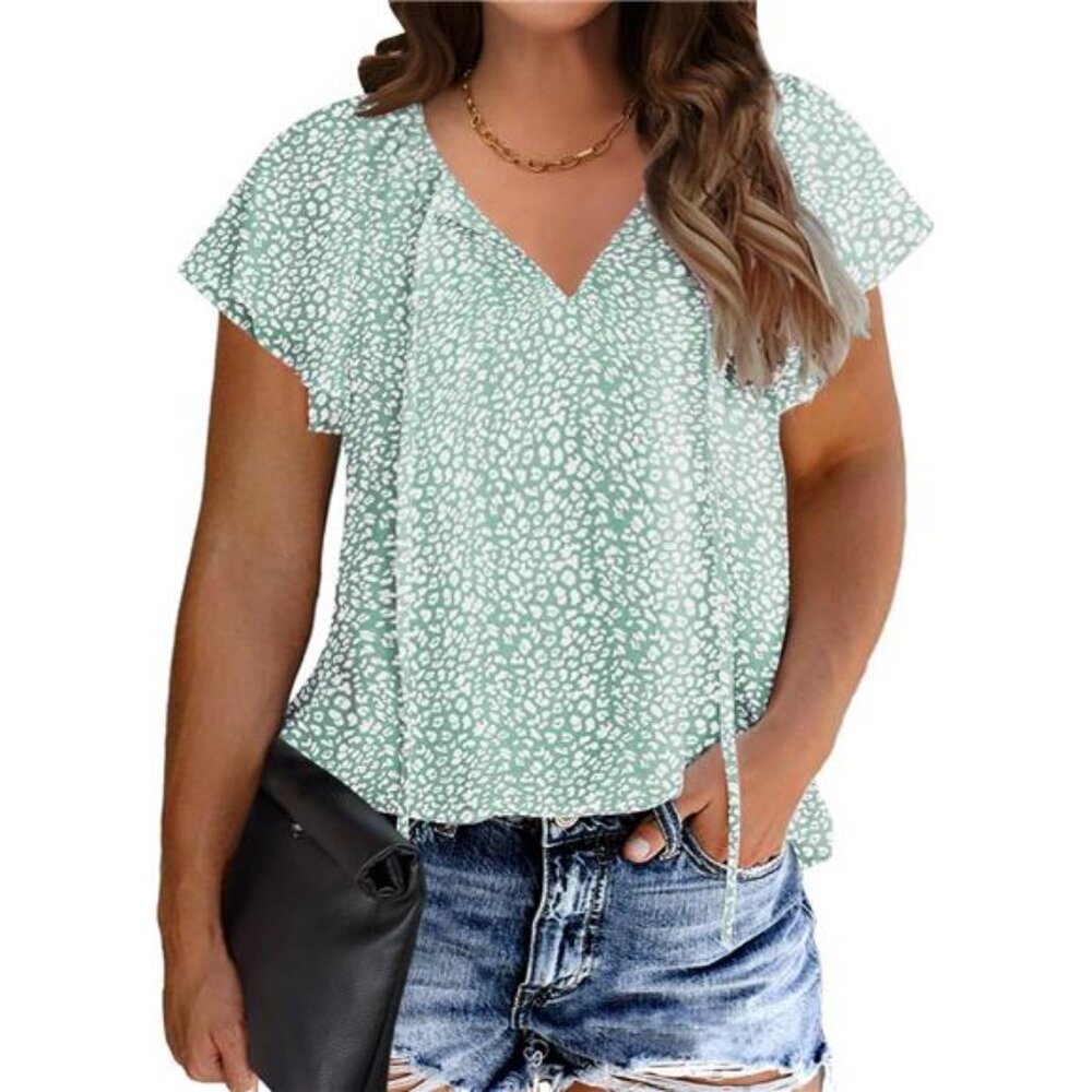 Womens Plus Size Leopard Print Tops Boho V Neck Short Sleeve Loose Fit Summer